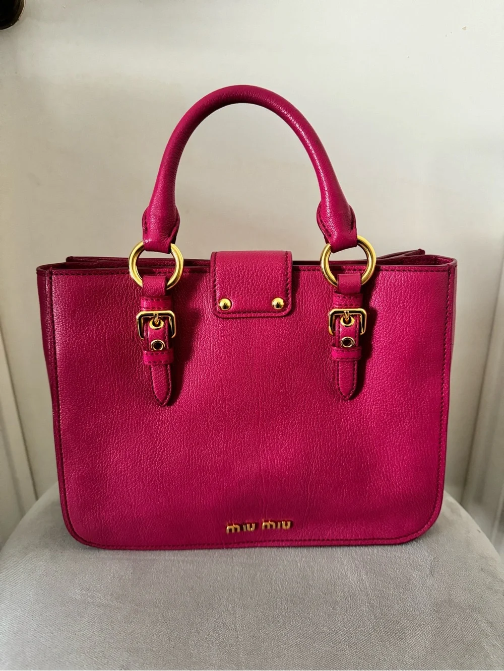 Miu Miu - PINK Pebbled Leather Satchel with Gold Hardware